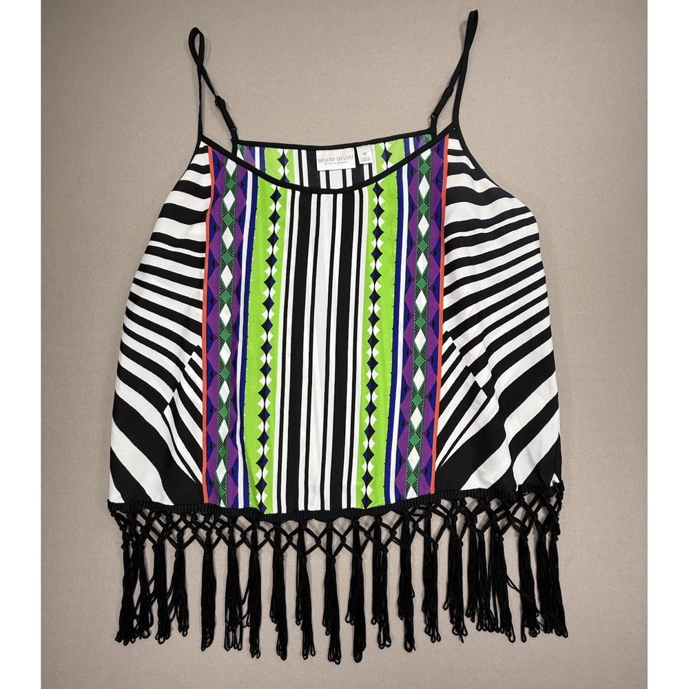 Bisou Bisou Top Women's M Tank Black White Fringe Geometric Boho Festival Cami